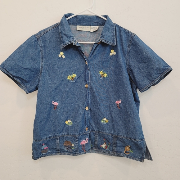 💕 Lemon Grass Short Sleeves Button Down Denim Top Women's Size Large Petite - Picture 2 of 10